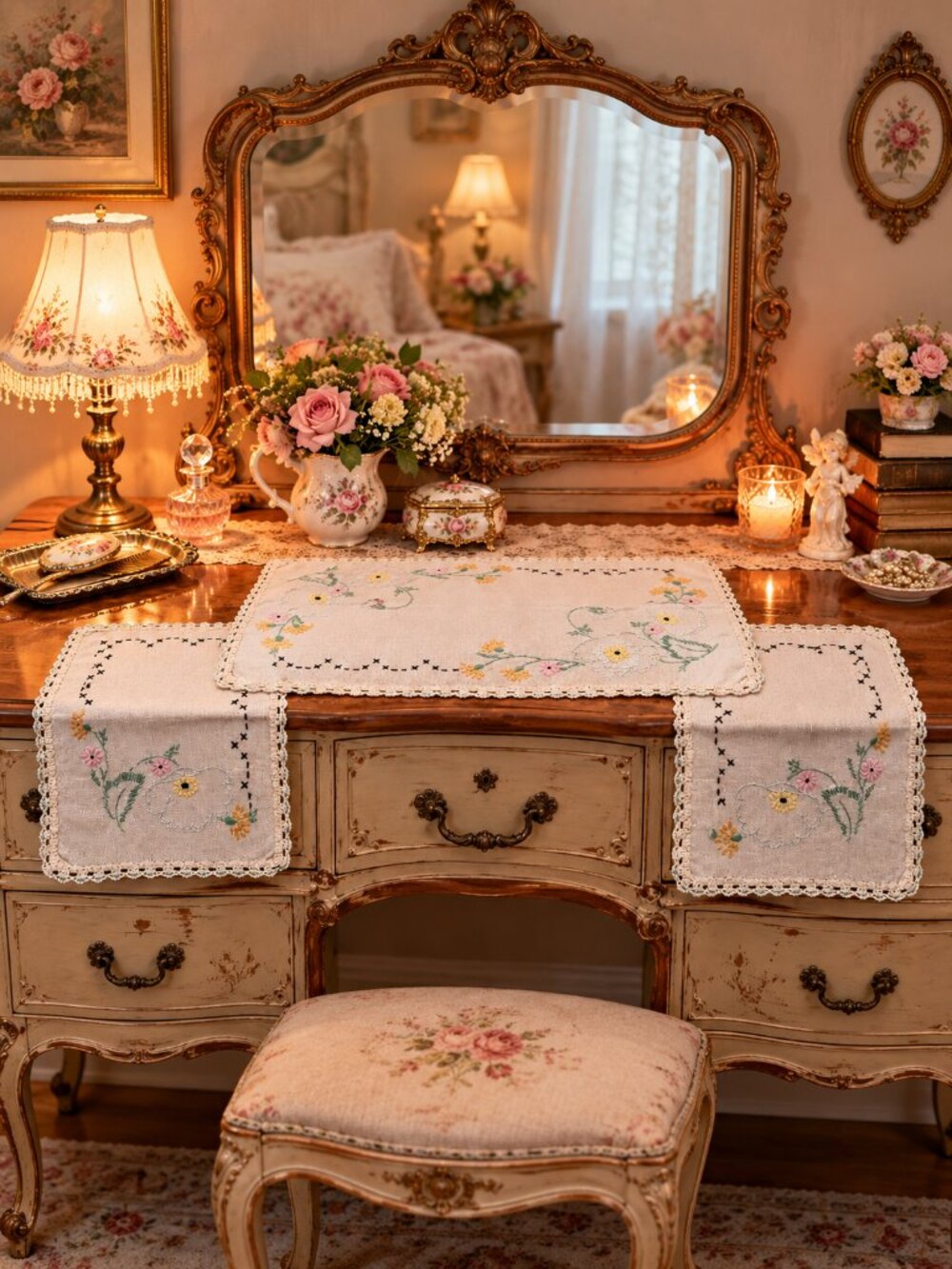 Vintage Hand Embroidered Vanity Dresser Linens Set of 3 Crocheted Vanity Set